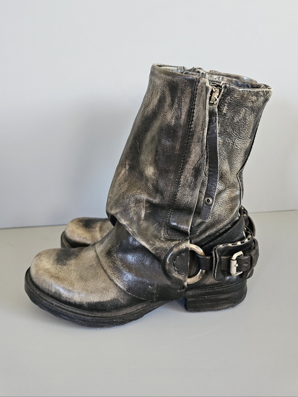 A.S.98 Italian Handmade SMYTH Ice Gray Distressed Biker Boots Sz 38